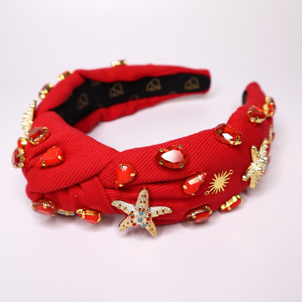 Schwab Jewels Embellished Knotted Headband Hand Sewn Crystals and Charms RED